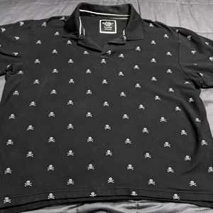 Men's black polo shirt with gray skull and bones